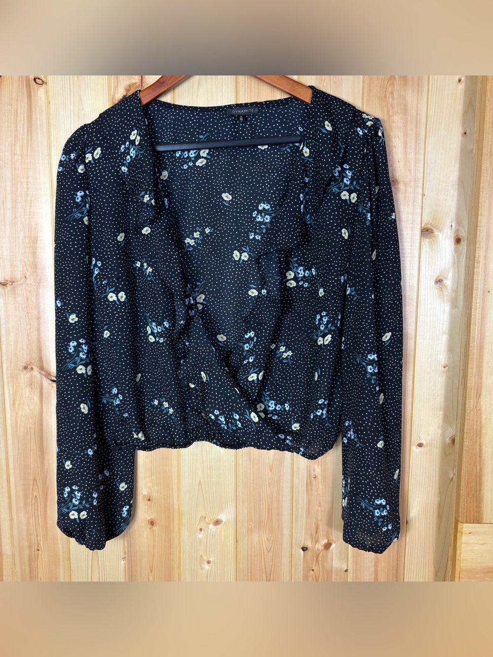 Dynamite Black Floral Polka Dot Ruffle Faux Wrap Blouse Medium Dark Feminine - Picture 2 of 12